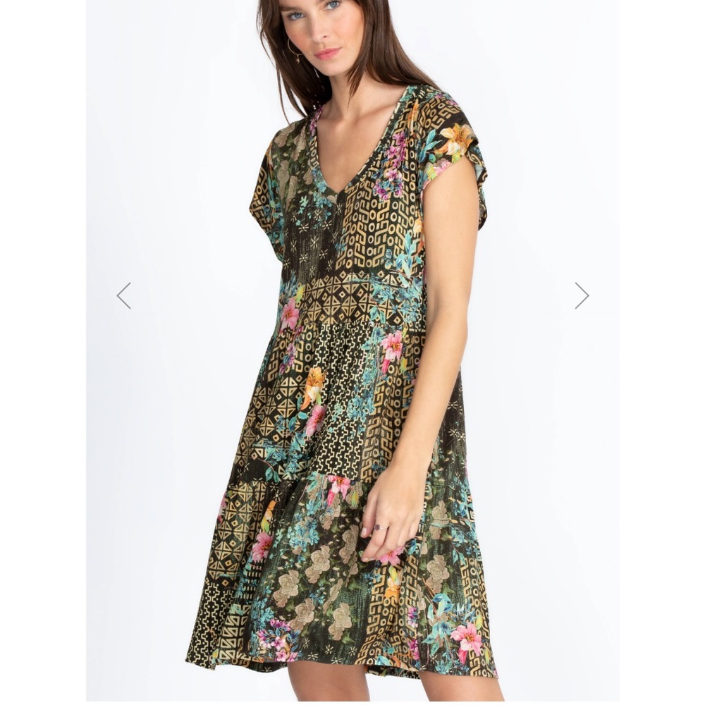Johnny Was WELLER TIERED HEM DRESS Floral Flowy Short Sleeve Mid Length